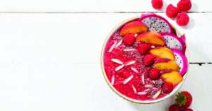 Raspberry, Dragon Fruit, and Peach Smoothie Bowl
