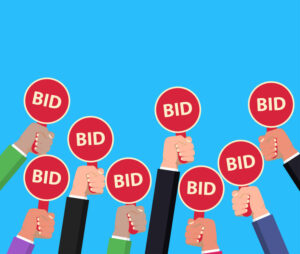 Hand holding auction paddle. Bidding concept. Auction competition. vector