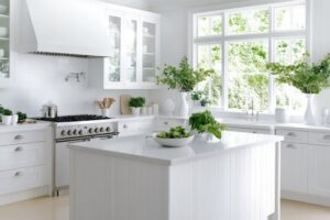 Bright modern kitchen with white cabinets and natural light during daytime